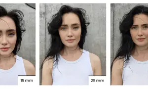 Trzy portrety tej samej kobiety pokazują, jak zrobić portret z różnymi ogniskowymi: 15 mm, 25 mm i 50 mm.