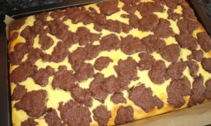 Ein frisch gebackener russischer Zupfkuchen im Blech, mit einem gelben Teig und dunklen Schokoladenstückchen darauf.
