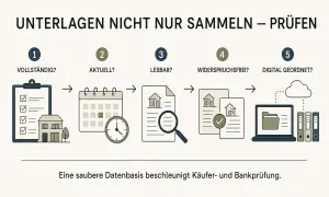Checkliste für Wohnung verkaufen: Unterlagen prüfen – vollständig, aktuell, lesbar, widerspruchsfrei, digital geordnet.