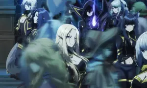Grupa postaci z anime, w tym elfka z blond włosami i mężczyzna w kapturze z magicznym płomieniem, tworzą mroczny, weebowski klimat.