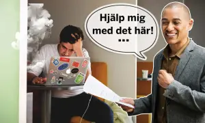 En stressad person med rök runt sig ber om hjälp med en laptop. En glad kollega erbjuder stöd för att må bra på jobbet.