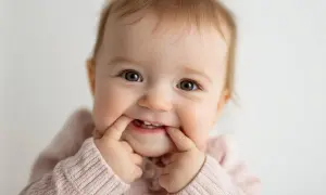 Bebé sonriente estirando sus mejillas, mostrando sus primeros dientes. A pesar de la posible molestia del dolor dientes bebe, su expresión es juguetona.