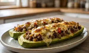 Deux courgettes farcies au bœuf et au fromage gratiné, prêtes à être dégustées. Un plat savoureux et réconfortant.