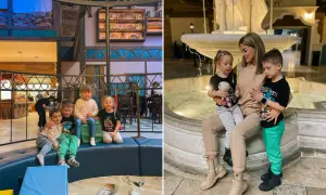 Rodzina cieszy się atrakcjami dla dzieci w Łódzkiem. Dzieci siedzą na ławce, a mama z córką przy fontannie.
