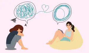 Smutna osoba z chaotycznymi myślami w chmurce, połączona sercem z terapeutką, która porządkuje chaos. Tak na czym polega psychoterapia.