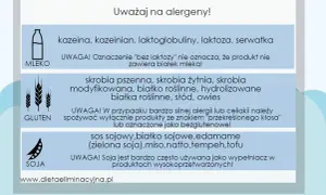 Grafika przedstawia ikony mleka, kłosa zboża i soi z opisami alergenów.