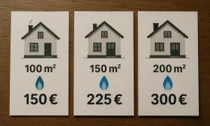 Koszty ogrzewania gazowego domu 100m² to 150€. Obok przykłady dla 150m² i 200m².