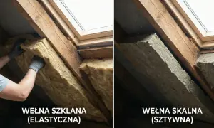 Porównanie dwóch rodzajów wełny: elastycznej wełny szklanej i sztywnej wełny skalnej, stosowanych do izolacji poddasza.
