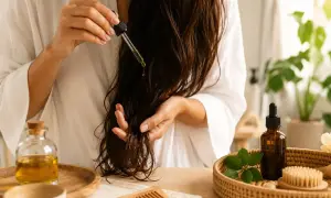 Application d'un sérum nourrissant pour un bain d'huile cheveux. Une main applique des gouttes d'huile sur les longueurs.