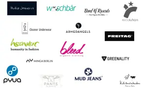 Logos von nachhaltige mode marken wie Nudie Jeans, Hessnatur, Armedangels, Mud Jeans und Freitag.