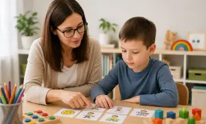 Nauczycielka prowadzi zajęcia rewalidacyjne w przedszkolu, ćwicząc z chłopcem rozpoznawanie emocji i postaci na kartach.
