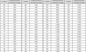 Tabela z danymi: indeks prędkości v i dopuszczalne obciążenie w kg. Od indeksu 60 do 139.