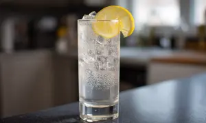 Ett glas med kolsyrat vatten, is och en citronskiva. Perfekt för att späda ut en sockerlag recept-baserad drink.