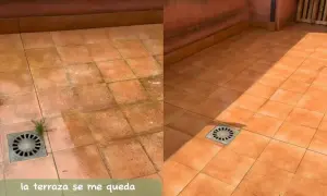 Antes y después de limpiar el verdín del suelo de la terraza. ¡Quedó impecable!
