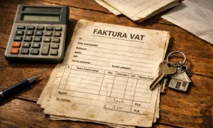 Klucze do domu i stara faktura VAT leżą obok kalkulatora. Dokumenty sugerują rozliczenia finansowe, być może związane z zakupem nieruchomości.