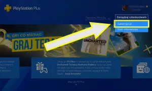 Menu PlayStation z podświetloną opcją "Subskrypcja" i strzałką.