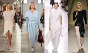 Elegancka moda na lato: kremowa sukienka, błękitny płaszcz, biały komplet i czarna bluzka z beżowymi spodniami.