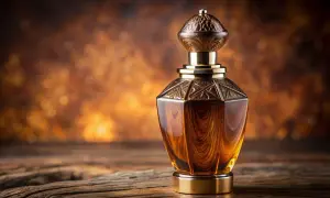 Elegancka buteleczka perfum z płynem o barwie bursztynu. Złote zdobienia i drewnopodobne wykończenie sugerują luksusowy zapach, być może właśnie **oud co to** za aromat?