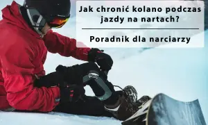 Narty i snowboardzista w czerwonej kurtce pokazuje, jak zabezpieczyć kolana na nartach. Poradnik dla narciarzy.