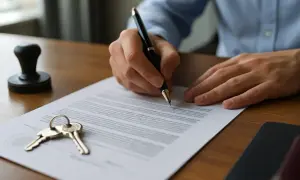 Dłoń podpisuje dokument, obok klucze i pieczęć. To akt poświadczenia dziedziczenia, który otwiera nowy rozdział.