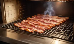 Rader av perfekt tillagad bacon i ugn, med en lätt ånga som stiger upp.