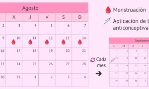 Calendario de agosto y septiembre. El 8 de agosto se marca la aplicación de la inyección anticonceptiva mensual.