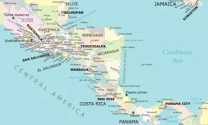 Gdzie leży Belize? Na mapie widoczna jest Ameryka Środkowa z zaznaczonymi krajami, w tym Belize, położonym między Meksykiem a Gwatemalą.