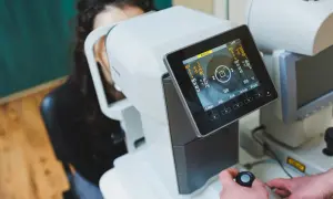 Badanie wzroku za pomocą urządzenia angio OCT. Pacjentka patrzy w aparat, a technik obsługuje panel sterowania.