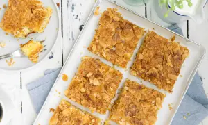 Saftiger butterkuchen ohne hefe, bestreut mit knusprigen Mandelblättchen. Ein Stück auf einem Teller mit einer Gabel.