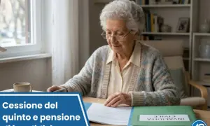 Anziana esamina documenti, con la dicitura "Cessione del quinto e pensione di invalidità". La pensione di invalidità fa reddito.