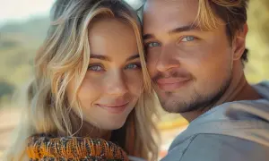 Uśmiechnięta para, ona z blond włosami, on z zarostem. Widać, jak facet zabiega o kobietę, patrząc na nią z czułością.