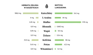 Porównanie zawartości składników odżywczych w herbacie zielonej i matchy: katechiny, L-teanina, białko, błonnik, wapń, żelazo, kofeina, potas, witamina C.