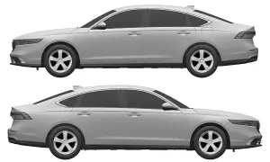 Dwie sylwetki samochodów Honda Accord, pokazujące ewolucję designu różnych generacji.