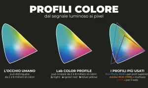 Grafica che illustra i profili colore: occhio umano, Lab Color, e profili comuni come Adobe RGB, utili per la gestione del colore in Photoshop.