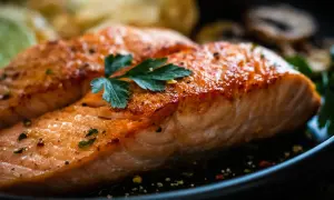 Zwei saftige Filets von gekochtem Lachs, garniert mit Petersilie und Gewürzen, liegen auf einem Teller neben Pilzen und Zitronenscheiben.