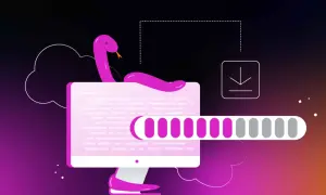 Un serpent rose s'enroule autour d'un écran d'ordinateur affichant du code. Une barre de progression indique le téléchargement, symbolisant l'installation de Python sur Debian.