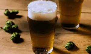 Bicchiere di birra dorata con schiuma bianca, circondato da luppoli verdi su un tavolo di legno. Perfetta per una dual IPA.