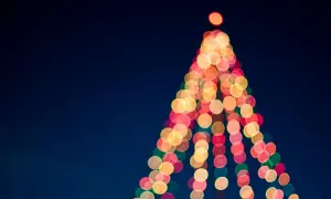Luci natalizie sfocate creano la forma di un albero su sfondo blu scuro.