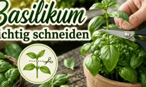 Frische Basilikum-Pflanze wird mit einer Schere beschnitten, um das Wachstum zu fördern.