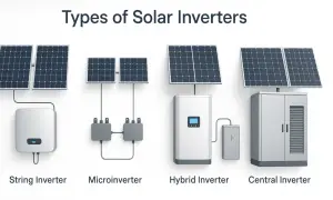 Ilustración de cuatro sistemas de energía solar: inversor de cadena, microinversor, inversor híbrido y central.