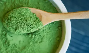Zielony proszek na drewnianej łyżce, w misce. To spirulina – co to jest? Superfood pełen wartości.