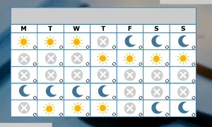Calendario con icone di sole, luna e croce. Indica una possibile pianificazione per una pausa lavoro di 6 ore.