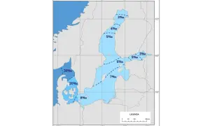 Mapa Bałtyku z zaznaczonymi izobatami i wartościami zasolenia.
