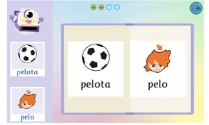 Un personaje animado enseña la **lectura global** de "pelota" y "pelo" con imágenes y texto.