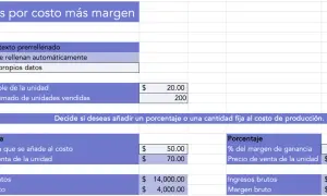 Tabla de Excel que muestra cómo calcular el precio de un producto, detallando costos, márgenes y ganancias.