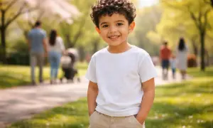 Un jeune garçon au prénom en K, souriant, profite d'une belle journée au parc.