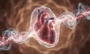 Anatomical heart surrounded by swirling energy, evoking a sense of kołatanie serca.