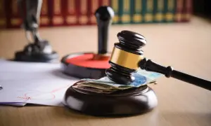 Młotek sędziowski na stosie pieniędzy i dokumentów. Co to jest scheda? To pytanie, na które odpowiedź może być związana z prawem i finansami.