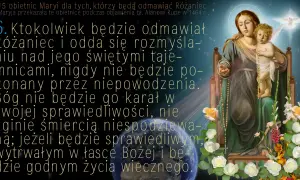 Matka Boża z Dzieciątkiem, z różańcem w dłoniach, symbolizująca modlitwę fatimską i obietnicę życia wiecznego.
