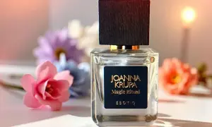 Elegancka butelka perfum Joanna Krupa Magic Ritual na tle kwiatów. Wiele osób szuka magiczne perfumy opinie, by poznać ten zapach.